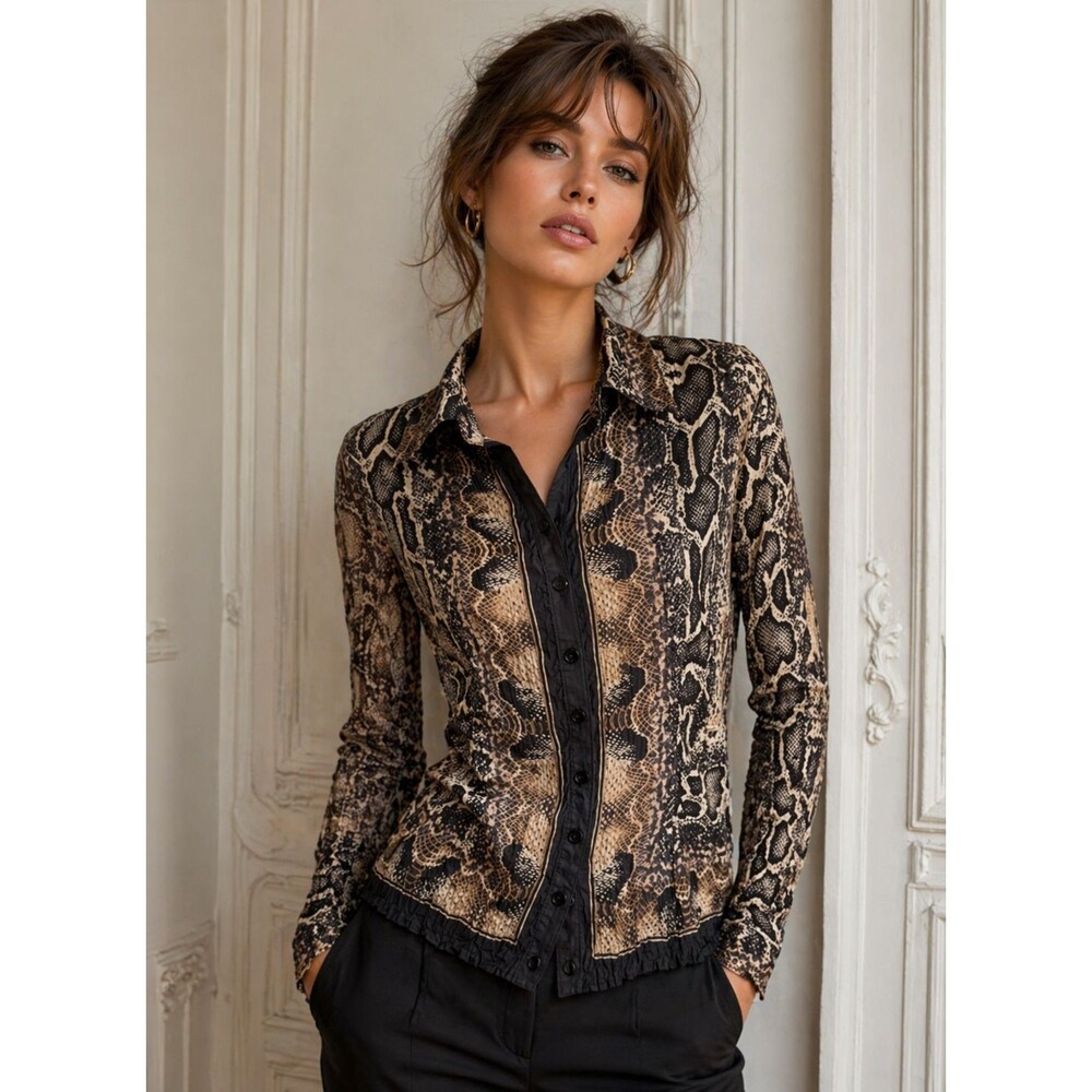 Infinitif Crinkled Silk Snakeskin Animal Print Blouse Fitted Button Front T38 S